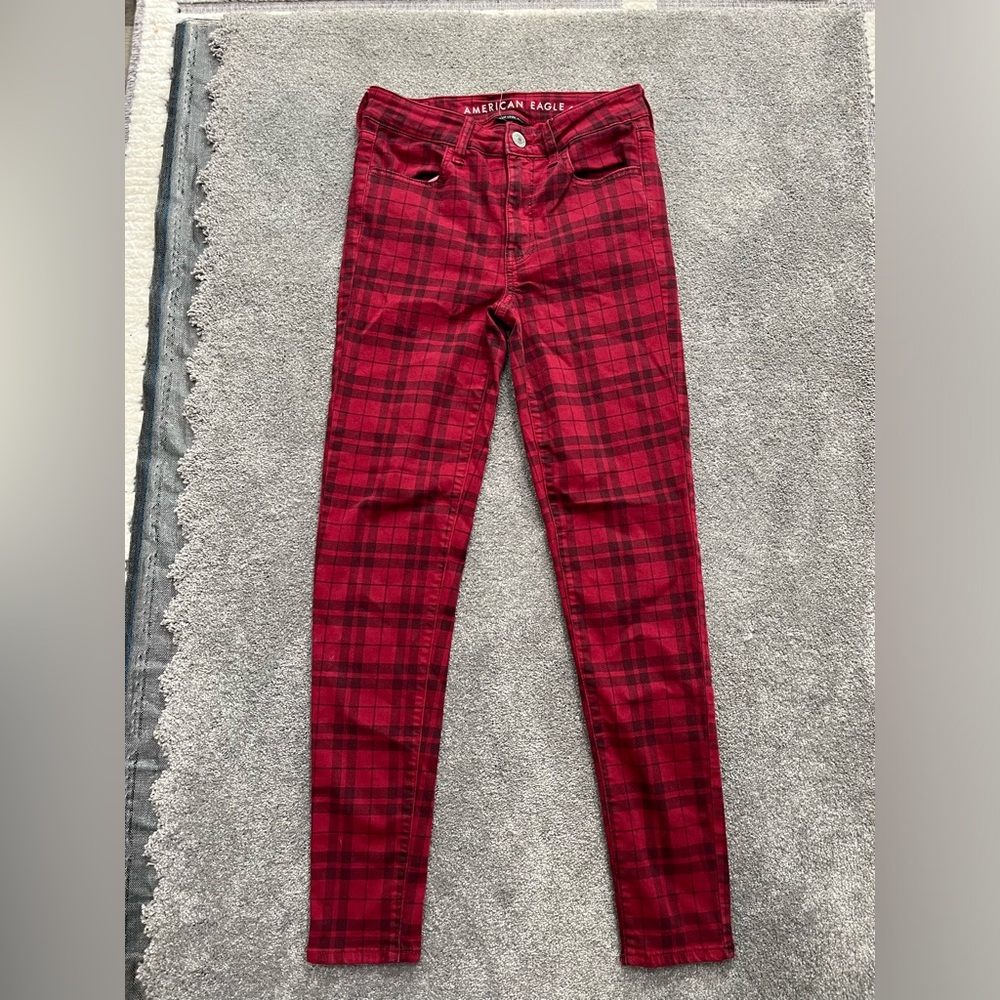 American Eagle NWOTS Hi Rise Jegging Jeans Womens Size 4 Regular Red‎ Plaid